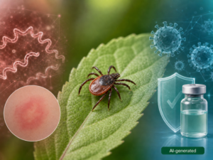 Zecke auf einem Blatt mit Darstellung von Borreliose-Bakterien und FSME-Viren sowie Impfschutz – AI-generated
