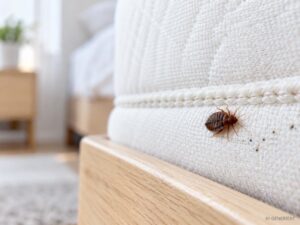 KI-generierte Nahaufnahme einer Bettwanze an der Naht einer hellen Matratze