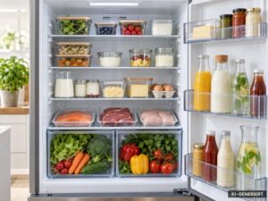 Geöffneter, nach Kühlzonen eingeräumter Kühlschrank – KI-generiert