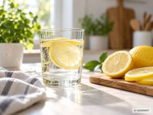 Glas Wasser mit Zitronenscheiben als Symbol für Flüssigkeit und Elektrolyte – KI-GENERIERT