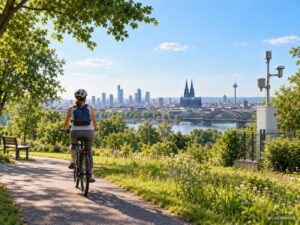 Radfahrer im Stadtpark mit Messstation für Luftqualität im Hintergrund – KI-GENERIERT