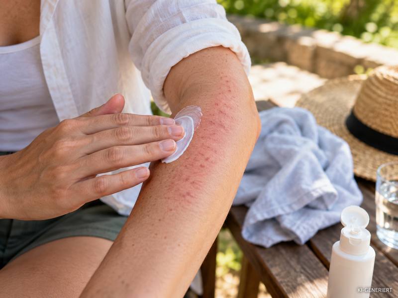 Leicht geröteter Unterarm nach Sonne, daneben wird Sonnenschutz aufgetragen – KI-GENERIERT